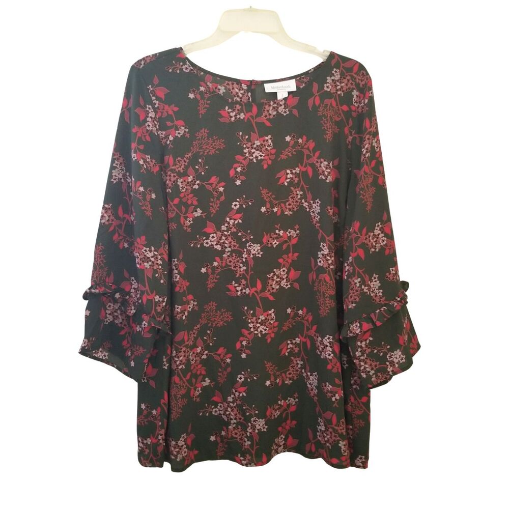Motherhood Maternity Top Blouse Sz Large Green Floral 3/4 Sleeve with Ruffle New